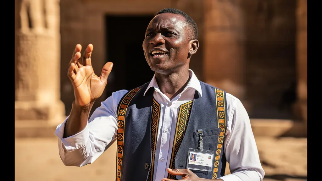 Guide touristique professionnel africain portant un badge officiel devant un site historique