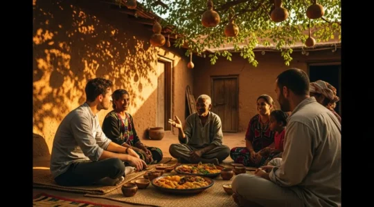 Un voyageur assis en tailleur partageant un moment convivial avec des habitants locaux dans une cour ombragée, illustrant l'immersion culturelle respectueuse