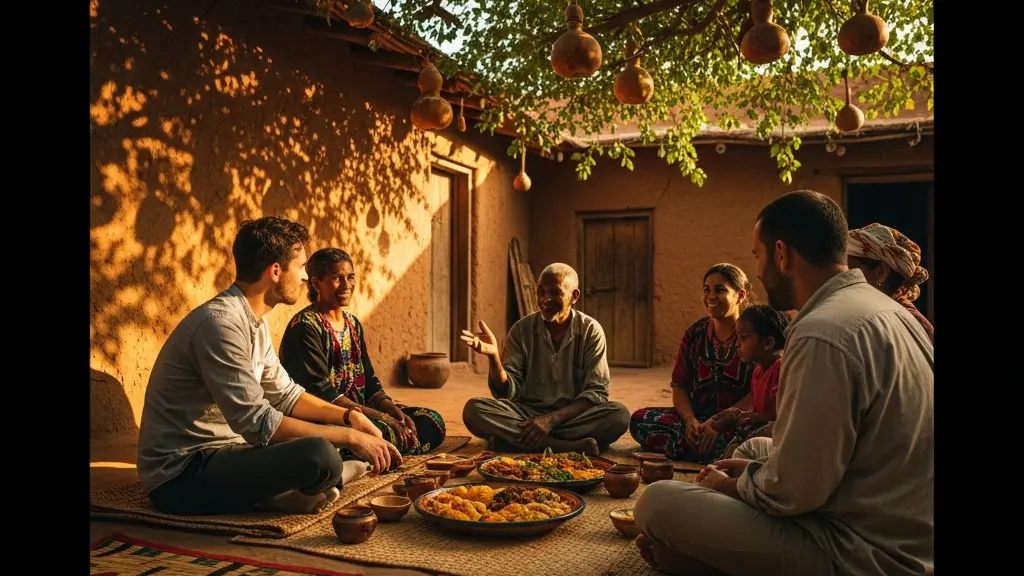 Un voyageur assis en tailleur partageant un moment convivial avec des habitants locaux dans une cour ombragée, illustrant l'immersion culturelle respectueuse