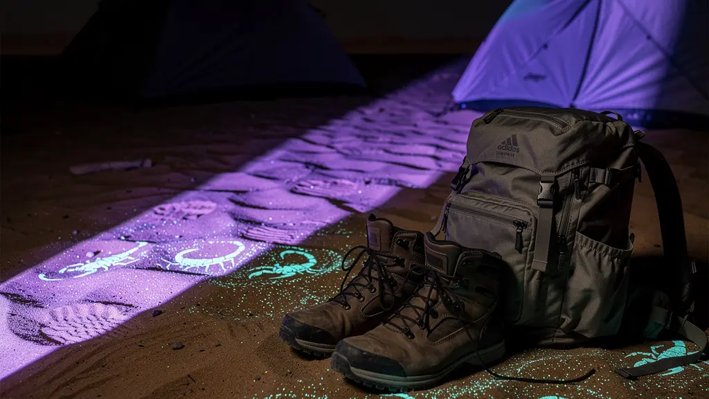 Inspection nocturne du campement avec lampe torche UV révélant les traces fluorescentes