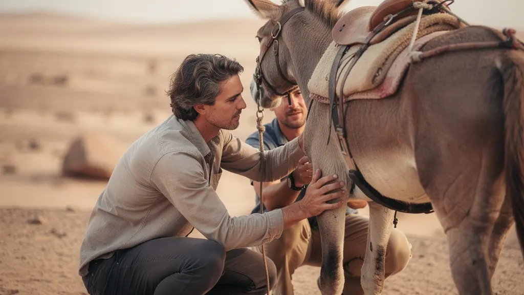 Voyageuse et chamelier inspectant calmement une sangle et une selle avant une balade, dans une scène de tourisme responsable sans mise en scène publicitaire.