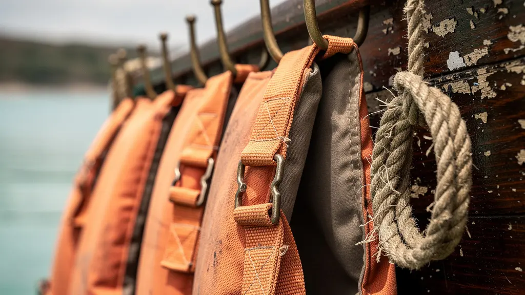 Gros plan sur des gilets de sauvetage usagés mais bien entretenus suspendus à des crochets sur le flanc d'une embarcation en bois