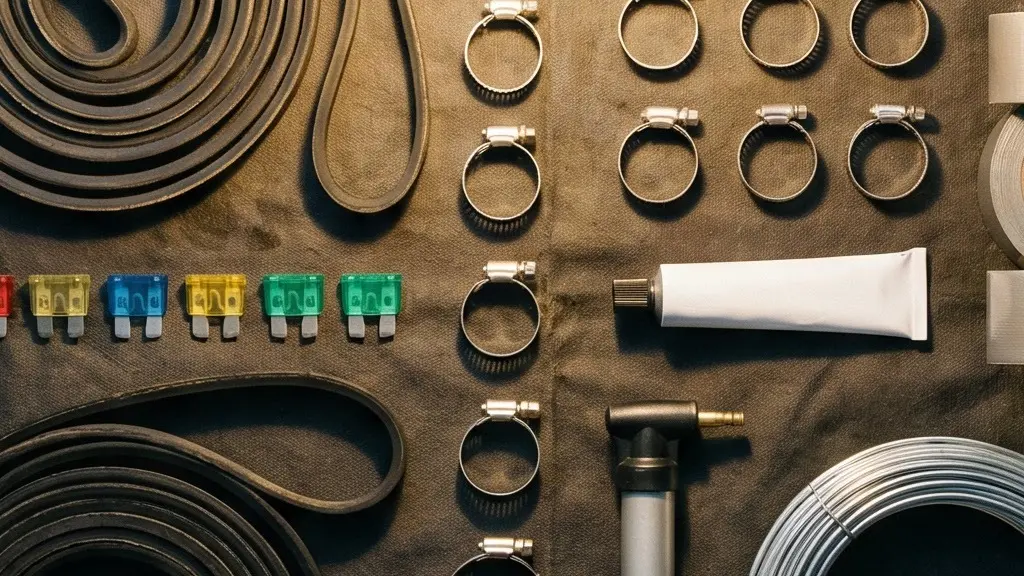 Vue plongeante sur un kit mécanique de dépannage organisé dans le coffre d'un véhicule tout-terrain, avec courroies, fusibles et outils