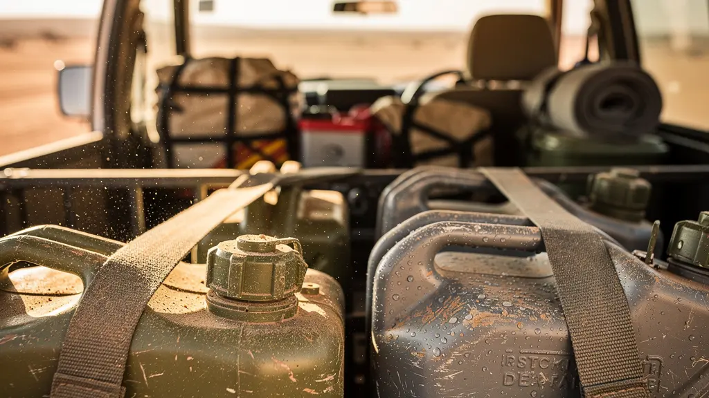 Jerrycans et réserves d'eau organisés dans un 4x4 pour traversée désertique