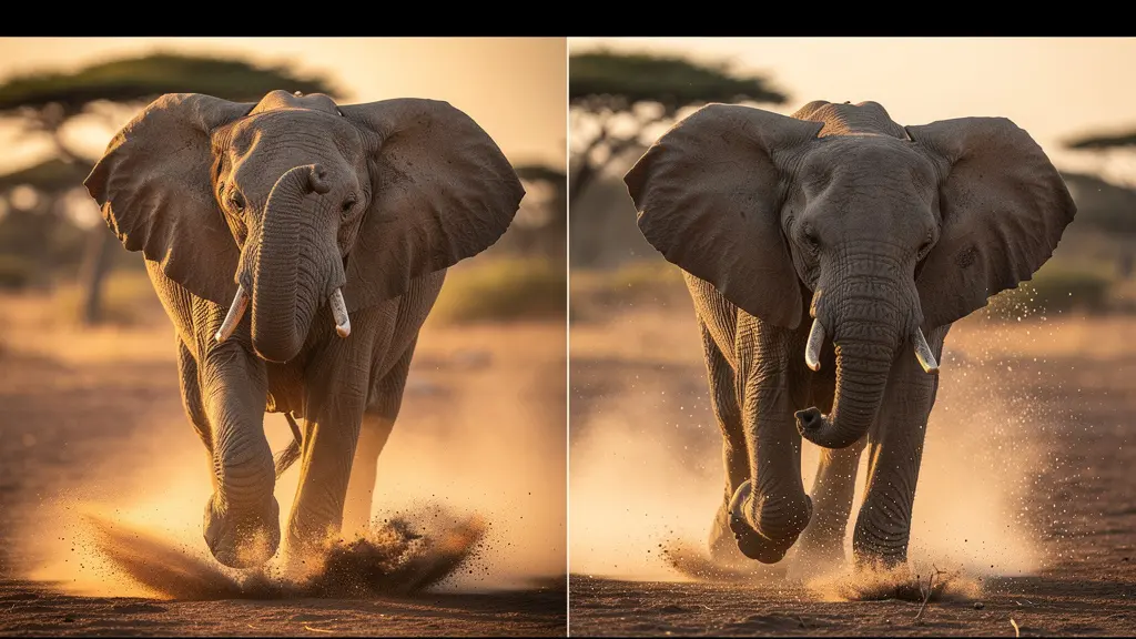 Comparaison visuelle entre fausse charge et vraie charge d'éléphant