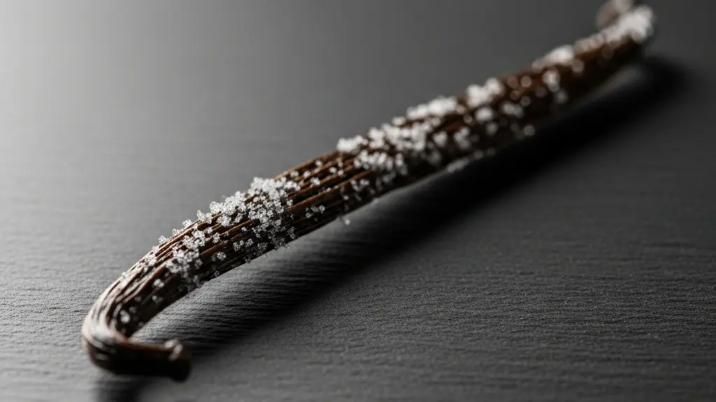 Gros plan d’une gousse de vanille avec des cristaux naturels de vanilline visibles à sa surface.