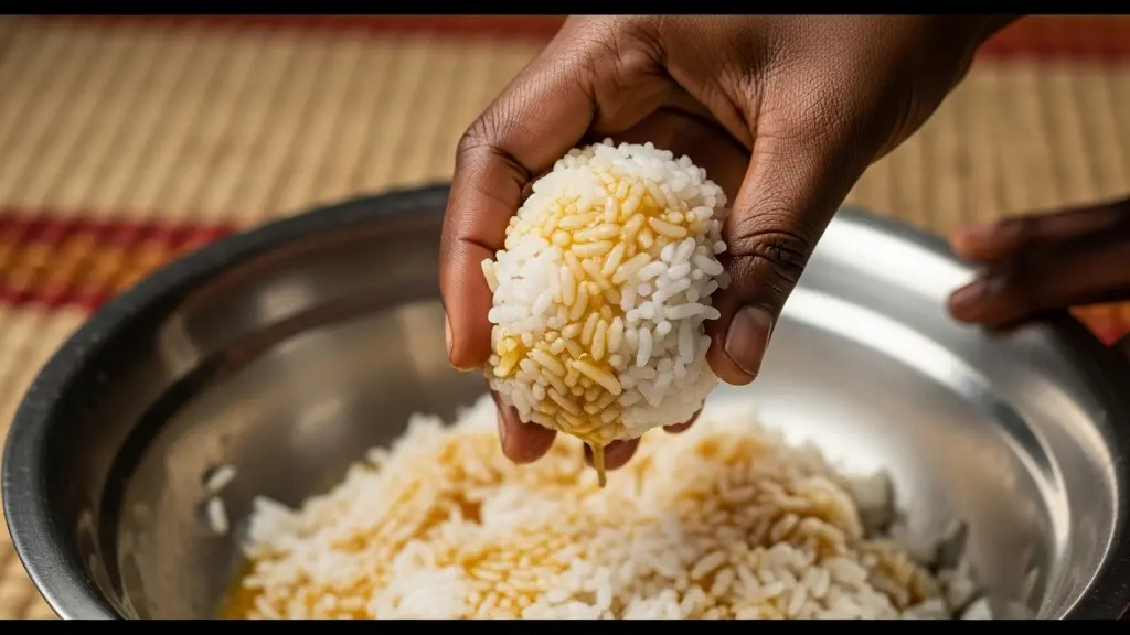 Gros plan sur une main droite formant une boulette de riz au-dessus d'un plat en métal traditionnel africain