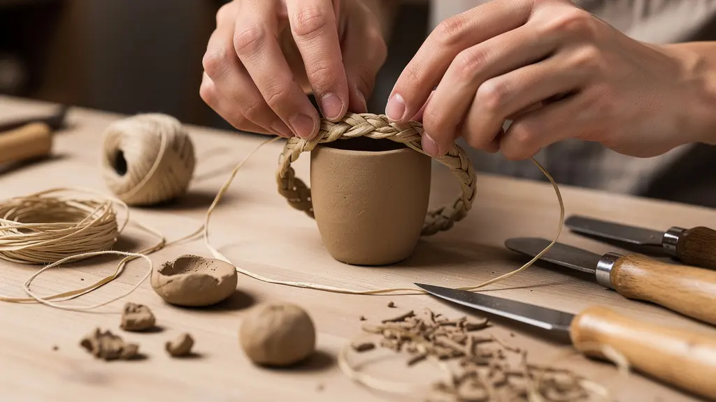 Gros plan sur les mains d’une artisane en train de créer un objet fait main, montrant la texture des matériaux et le geste du savoir-faire.