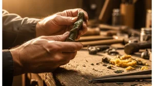 Mains d'un artisan examinant de près un objet d'artisanat d'art africain sous une lumière naturelle dorée
