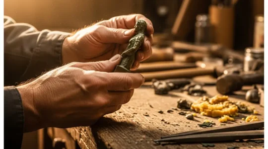 Mains d'un artisan examinant de près un objet d'artisanat d'art africain sous une lumière naturelle dorée