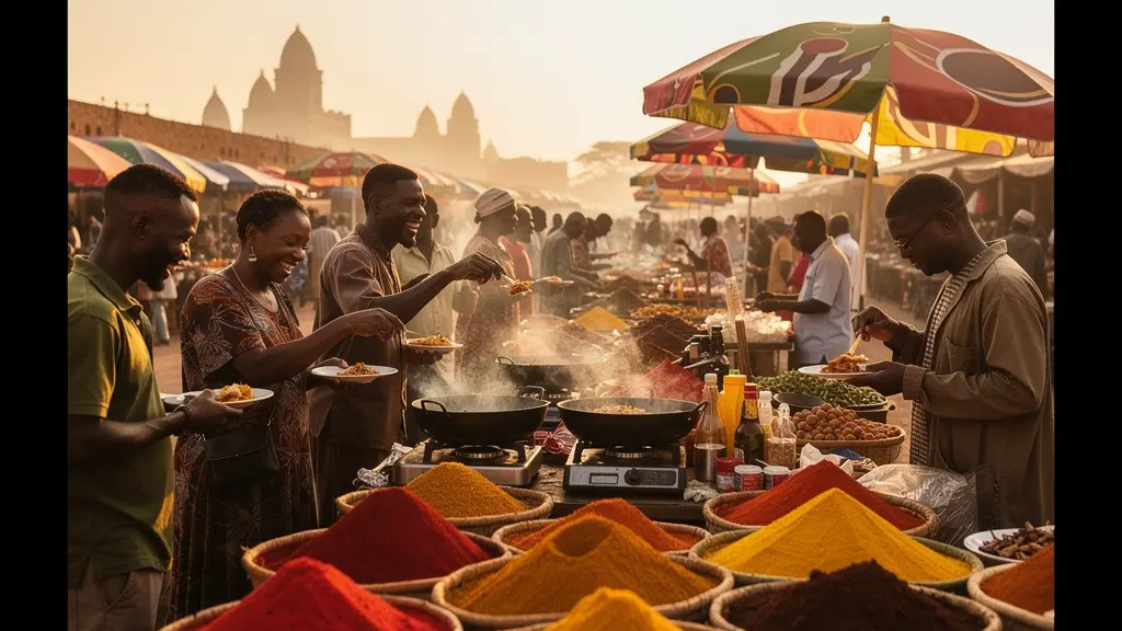 Scène vibrante d'un marché africain avec des stands de street food fumants et des épices colorées
