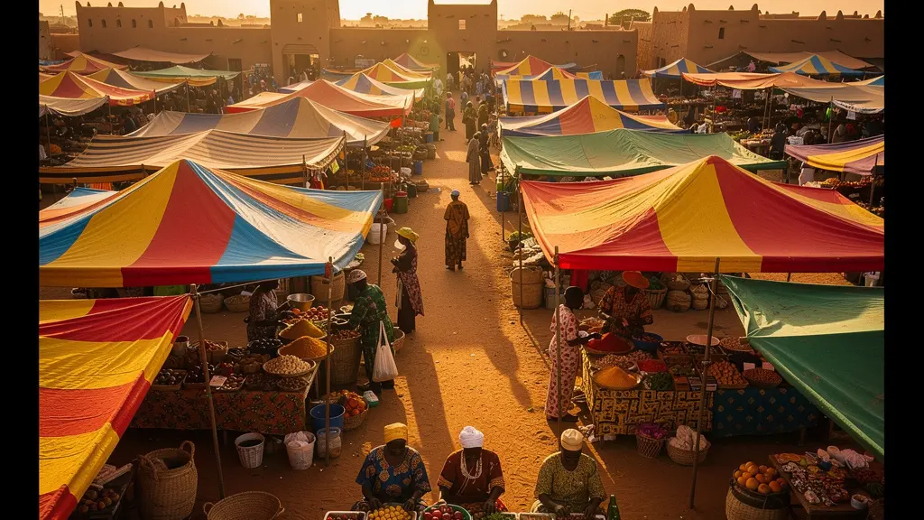 Vue immersive d'un marché africain traditionnel avec des étals colorés et une négociation animée entre un acheteur et une vendeuse locale