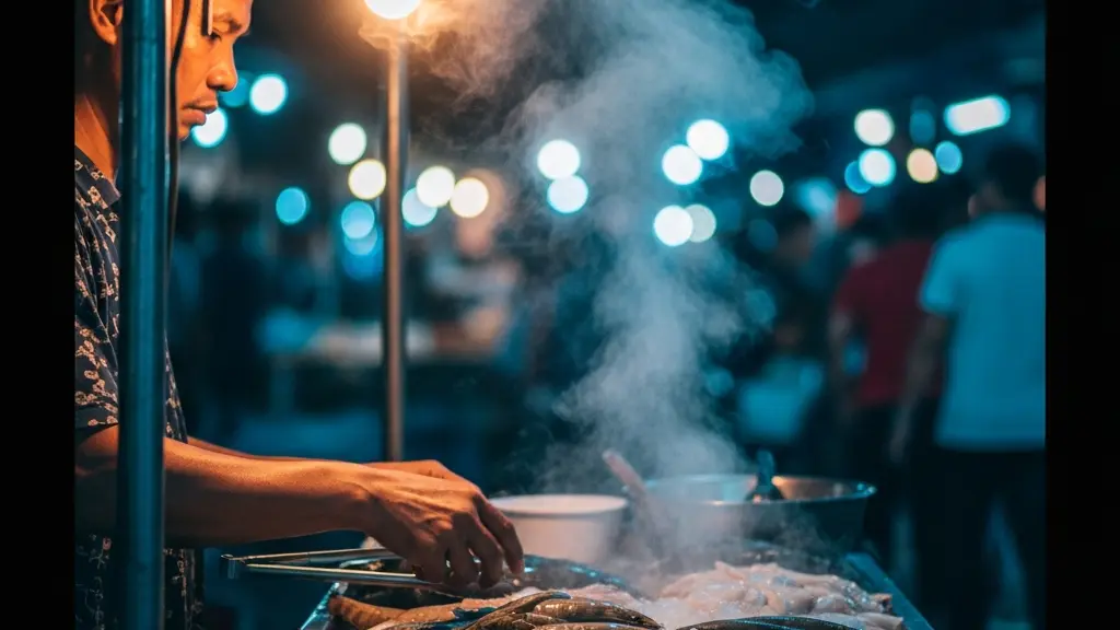 Vendeur de fruits de mer au marché de nuit avec éclairage dramatique des lampes à gaz