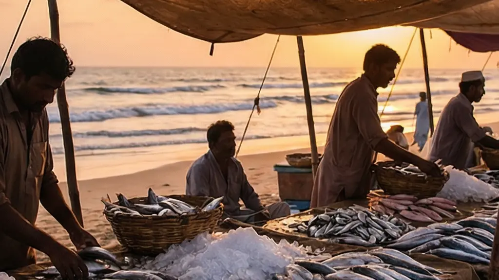 Étal de poissons frais sur glace au marché de plage avec vendeur local