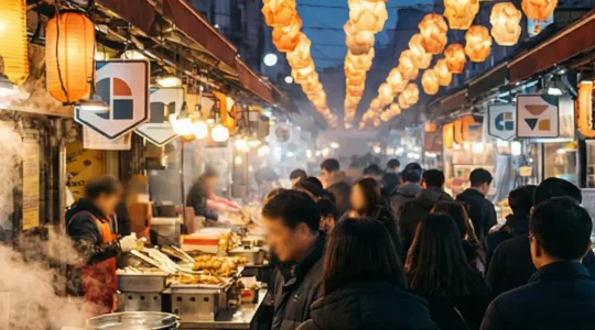 Marché de nuit asiatique animé avec vendeurs de street food et lumières colorées