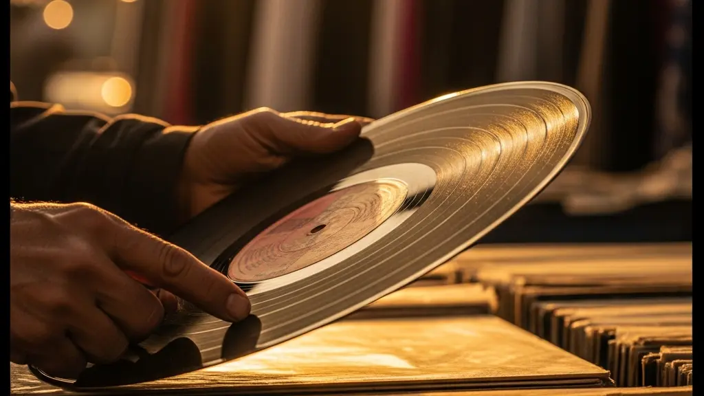 Vendeur de vinyles dans un marché africain traditionnel entouré de disques vintage