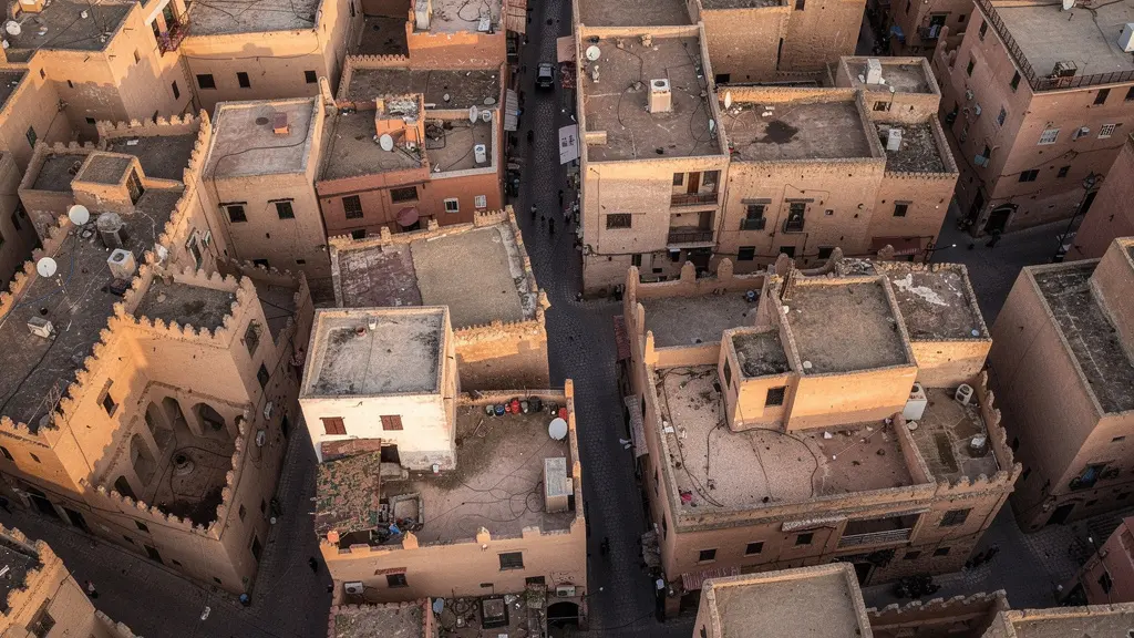 Vue plongeante sur les ruelles étroites et sinueuses d'une médina avec architecture traditionnelle ocre
