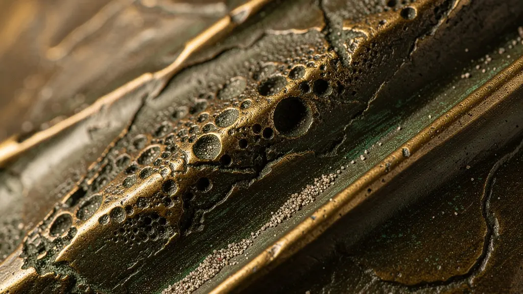 Détail macro de la surface texturée d'un bronze africain montrant les micro-bulles et aspérités caractéristiques de la technique de la cire perdue