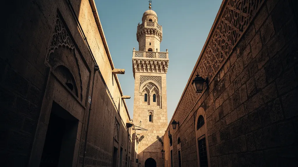 Vue en contre-plongée d'un minaret marocain dominant les ruelles étroites de la médina