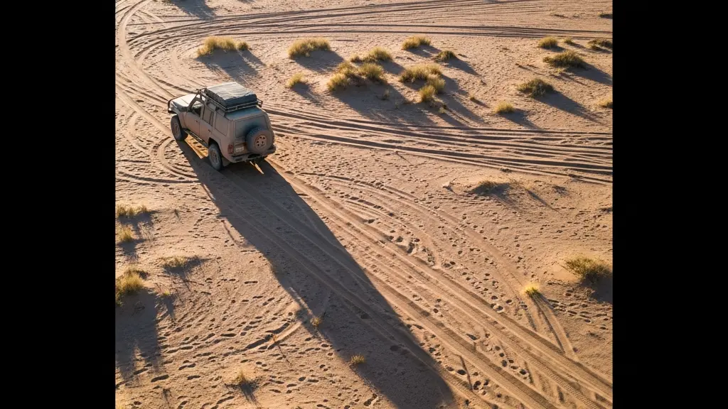 Véhicule tout-terrain projetant une longue ombre sur une piste désertique au soleil couchant, illustrant la navigation par l'ombre solaire