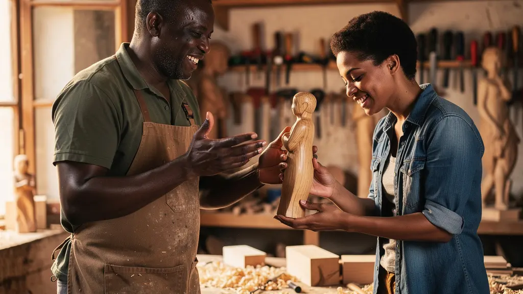 Échange respectueux entre un acheteur et un artisan dans son atelier