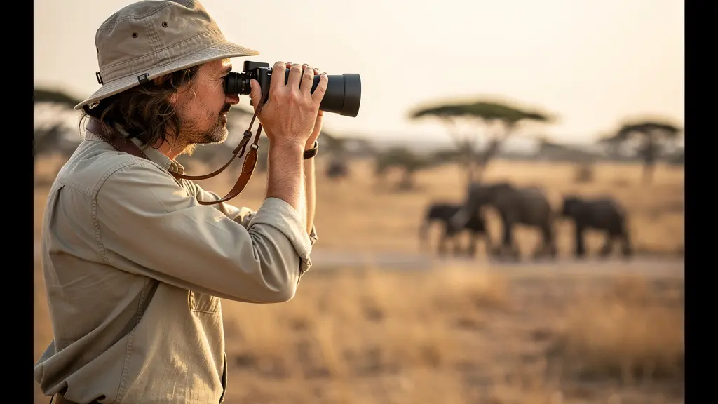 Touriste observant aux jumelles un troupeau d'éléphants à distance sécuritaire