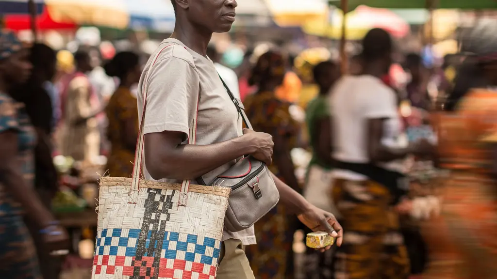 Vue latérale d'une personne portant correctement un sac ventral et un cabas local dans un marché africain animé