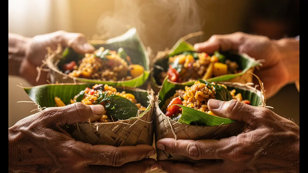 Mains tendues partageant de la nourriture lors d'une cérémonie traditionnelle