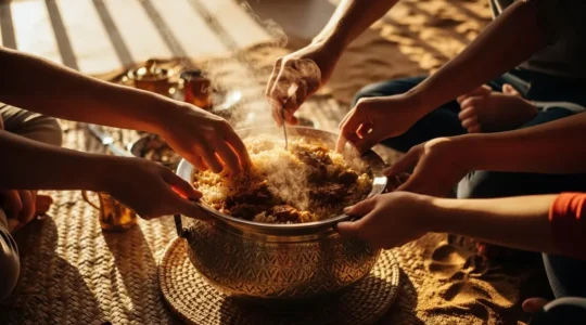 Mains rassemblées autour d'un grand plat commun africain fumant, partageant un repas traditionnel sur une natte tressée