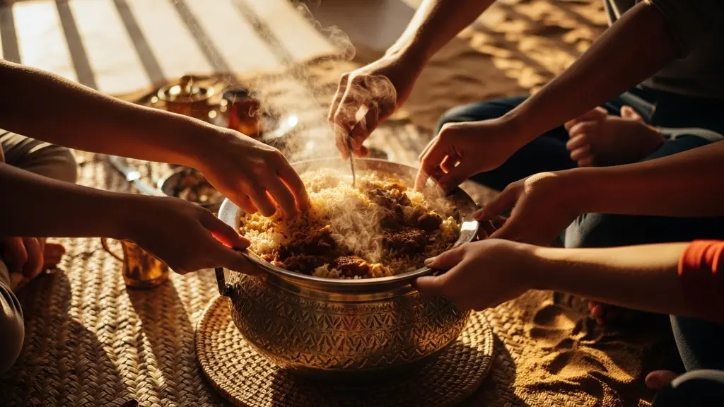 Mains rassemblées autour d'un grand plat commun africain fumant, partageant un repas traditionnel sur une natte tressée