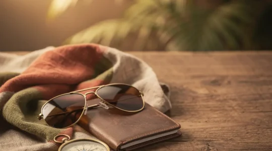 Passeport ouvert posé sur une surface en bois à côté d'un billet d'avion et d'un chapeau de voyage, évoquant les préparatifs d'un départ vers l'Afrique