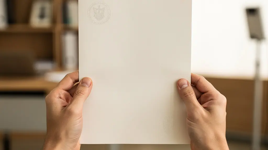 Mains tenant un document médical symbolique avec tampon officiel en arrière-plan flou