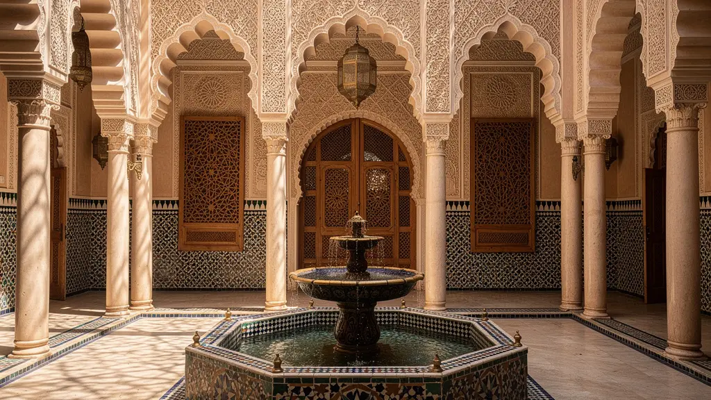 Patio intérieur d'un riad avec fontaine centrale entourée de colonnes et mosaïques traditionnelles