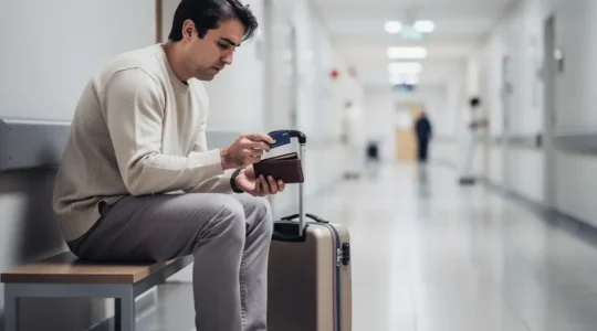 Voyageur inquiet assis dans un couloir d’hôpital à l’étranger, bagage à côté, tenant une carte bancaire sans marque, avec un grand espace vide pour un titre.