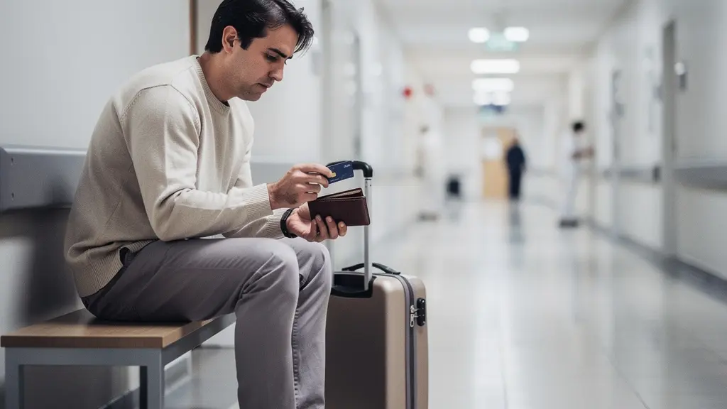 Voyageur inquiet assis dans un couloir d’hôpital à l’étranger, bagage à côté, tenant une carte bancaire sans marque, avec un grand espace vide pour un titre.