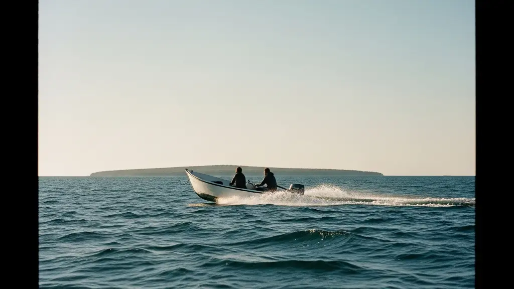 Petite embarcation avançant lentement sur une mer ridée par le vent, avec une île lointaine et un grand espace de ciel, évoquant l'incertitude de l'arrivée.
