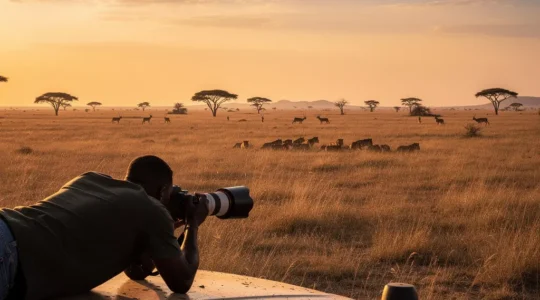 Photographe en safari capturant le Big Five dans la savane africaine dorée