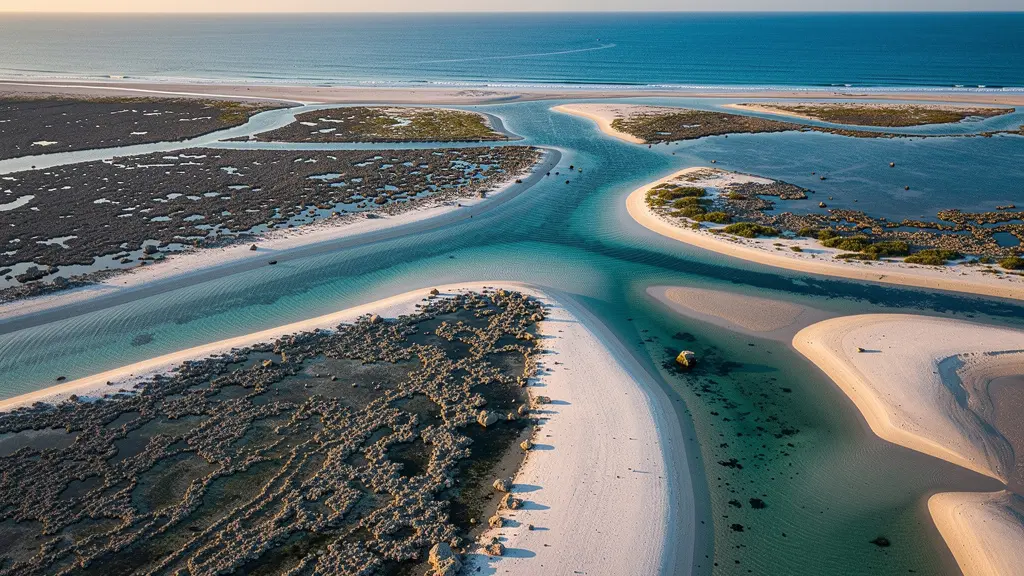 Vue aérienne d'une plage africaine à marée basse avec récif corallien visible et sable blanc