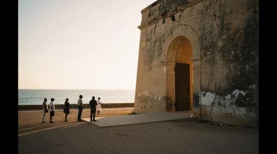 Visiteurs devant une porte monumentale en pierre sur un site mémoriel de l'esclavage, contemplation silencieuse