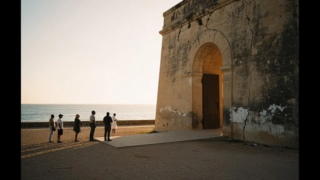 Visiteurs devant une porte monumentale en pierre sur un site mémoriel de l'esclavage, contemplation silencieuse