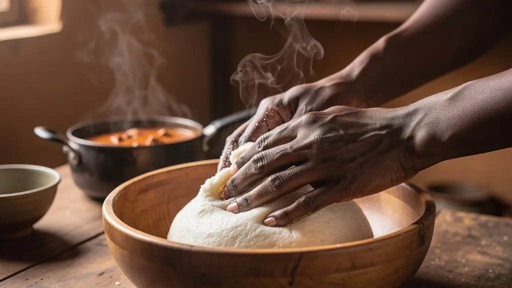 Préparation traditionnelle de fufu avec sauce fumante dans un contexte africain authentique