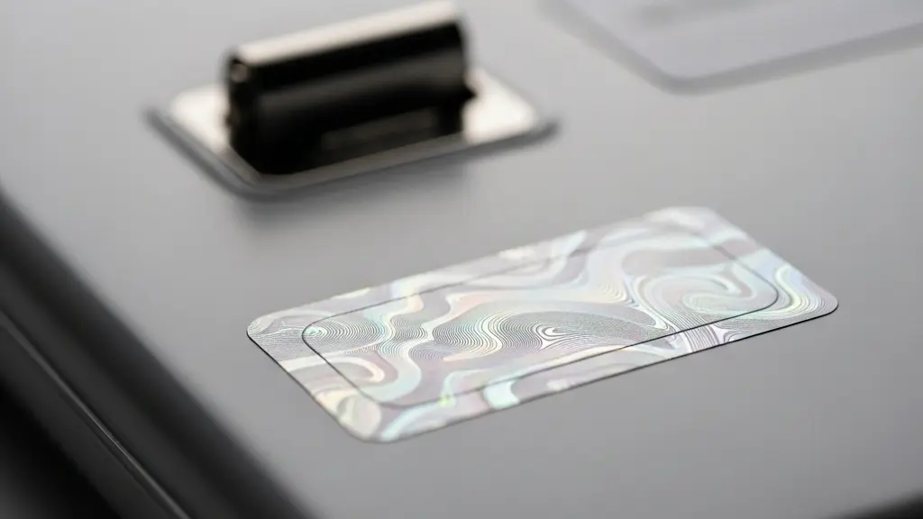 Gros plan macro d’un sceau de sécurité abstrait sur un support neutre, évoquant l’authentification et la traçabilité de documents médicaux sans montrer de papier ni d’écran.