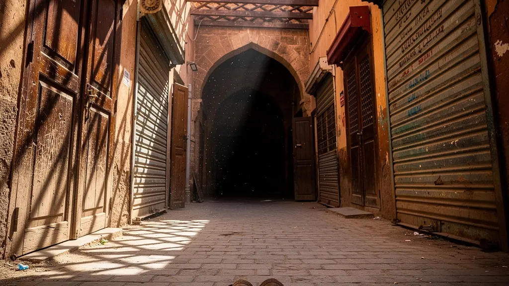 Ruelle déserte d'un souk pendant la prière du vendredi avec jeu de lumières