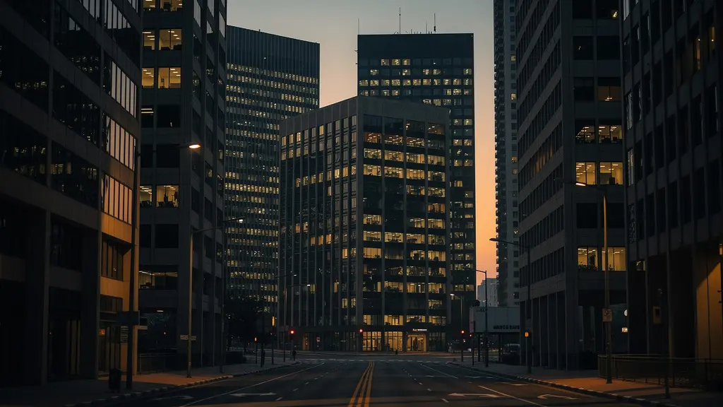 Centre d'affaires africain au crépuscule montrant la transition entre l'activité diurne et le vide nocturne