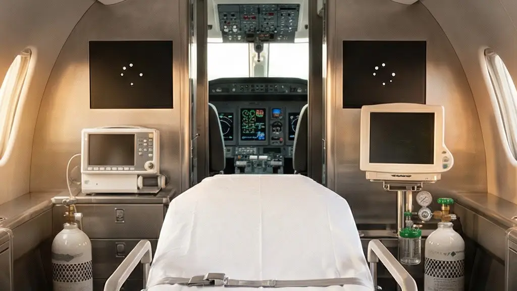 Intérieur d'un avion sanitaire avec civière médicalisée prête pour un rapatriement d'urgence vers l'Europe