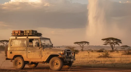 Véhicule 4x4 traversant une piste sableuse avec les chutes Victoria brumeuses en arrière-plan
