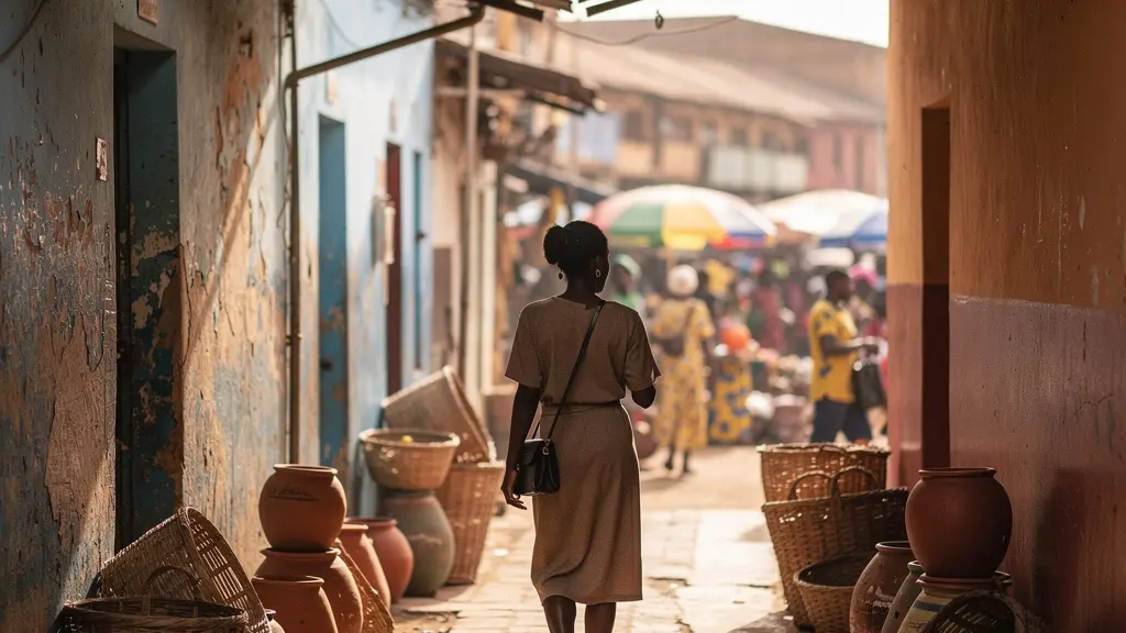 Vue d'une ruelle calme et ombragée parallèle à une artère principale animée dans une ville africaine