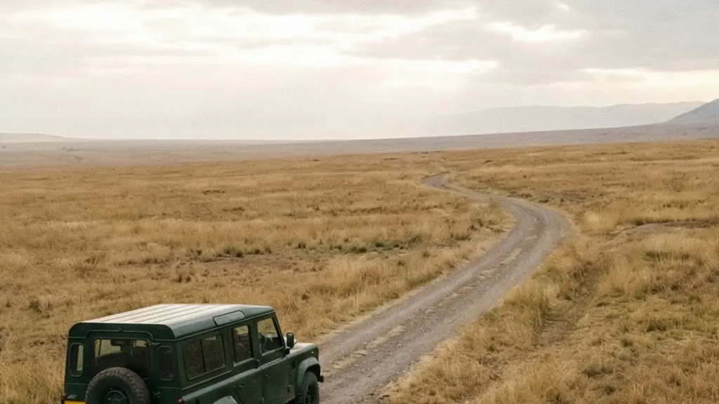 Route sinueuse dans un paysage naturel avec une voiture minuscule au loin et beaucoup d'espace vide, évoquant un rythme de voyage maîtrisé.