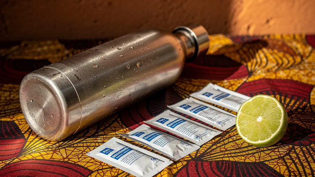 Sachets de sels de réhydratation orale posés sur un tissu coloré à côté d'une gourde poussiéreuse dans un environnement de voyage africain