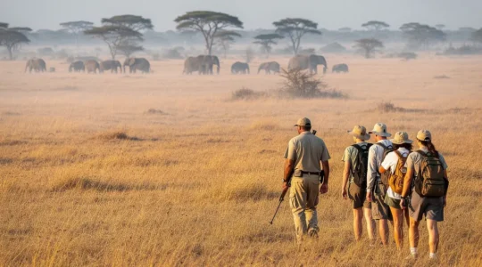 Guide ranger menant un groupe de touristes à pied dans la savane africaine au lever du soleil